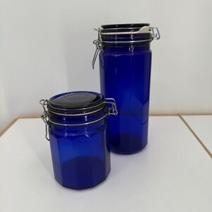 Vintage Set Of 2 Cobalt Blue Glass Canisters 10/5 Inch Bail‎ Jars Italglass